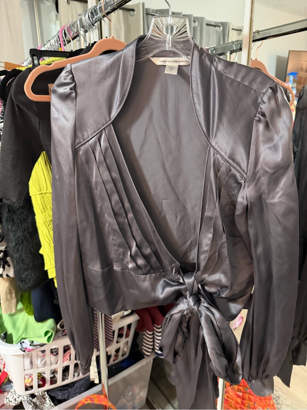 Diane Von Furstenberg Charcoal Satin Wrap Blazer